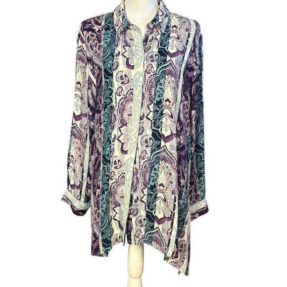 Chico's Tunic Size Extra Large Purple Button Down Boho Paisley Whimsygoth Artsy - Picture 7 of 8